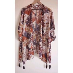 Maurices Floral Patchwork Tassel Kimono Boho Open Front Dolman Sleeve One Size
